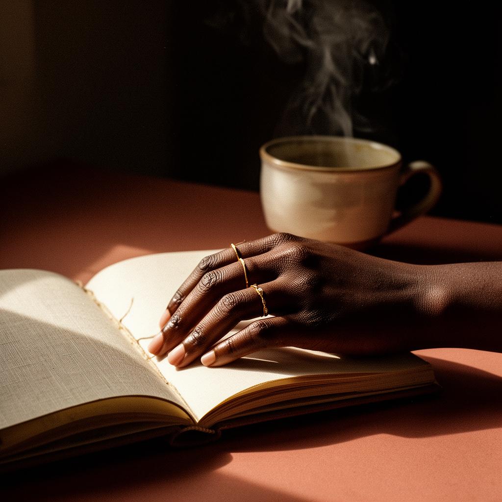 A woman's hand resting on an open linen journal beside a steaming ceramic cup.