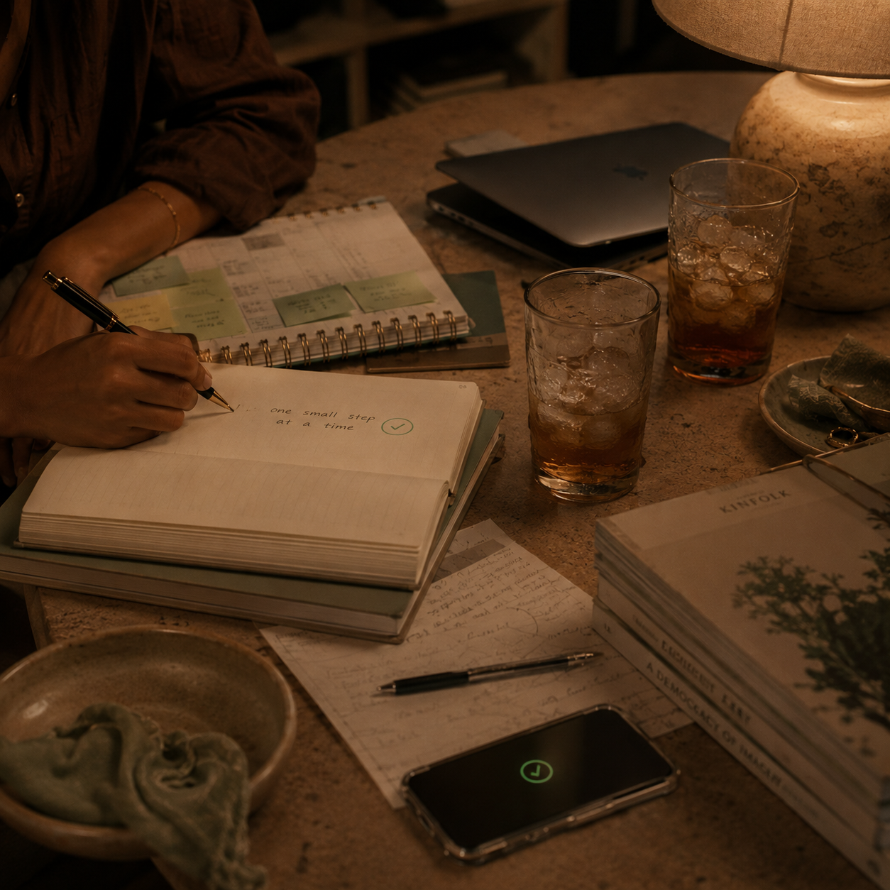 A woman's hand resting on an open linen journal beside a steaming ceramic cup.