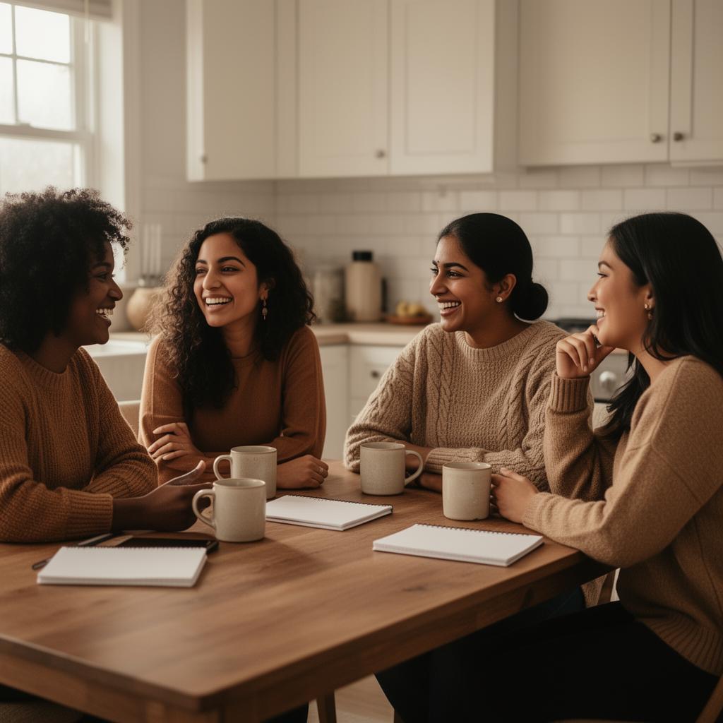 Four women of different backgrounds talking and laughing around a kitchen table.